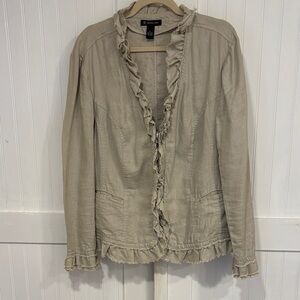INC:Ruffled Beige, shabby chic, linen Blazer, zip front W/pockets size XL